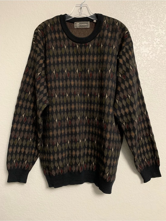 Tundra Other - Vtg 90s Tundra Sweater Mens L 3D Knit Cosby Argyle Diamond Print Brown Multi